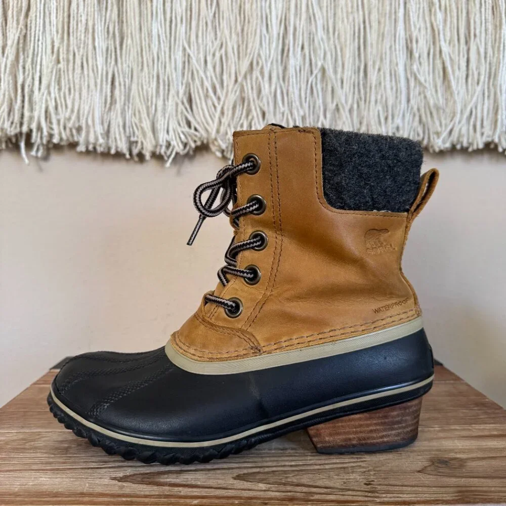 SOREL Slimpack II Waterproof Tan Leather Upper Black Rubber Duck Boot‎ Size 7